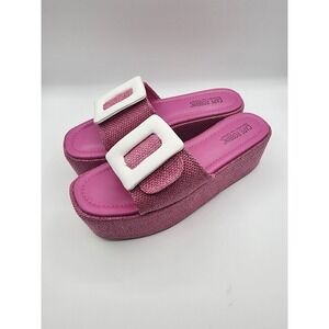 Cape Robbin Platform Sandals‎ Slides Raffia Pink Buckle Accents Women's Shoes